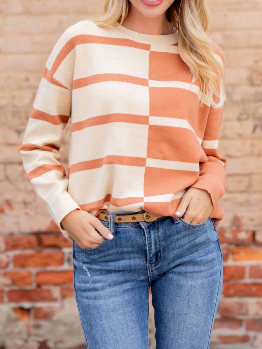 Staccato Cream and Tan Block-Stripe Crewneck Sweater
